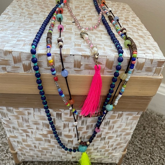 Layered Beaded Corded Boho Necklace with Tassels Mixed Glass Wood Acrylic Beads - Picture 2 of 4